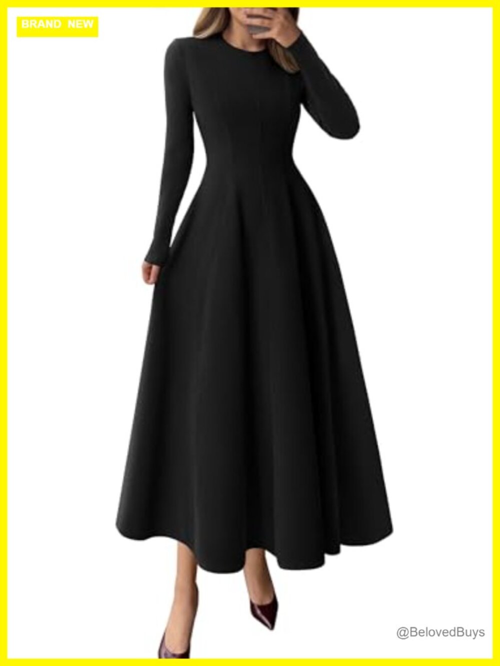 Women's Long Sleeve A-Line Midi Elegant Cocktail Dress Fit & Flare